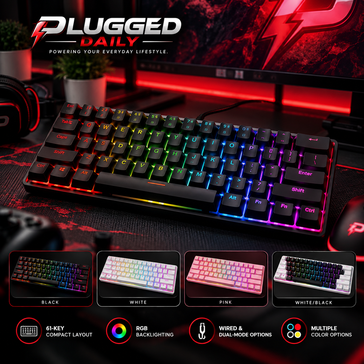 Plugged Daily 61-Key RGB Compact Gaming Keyboard